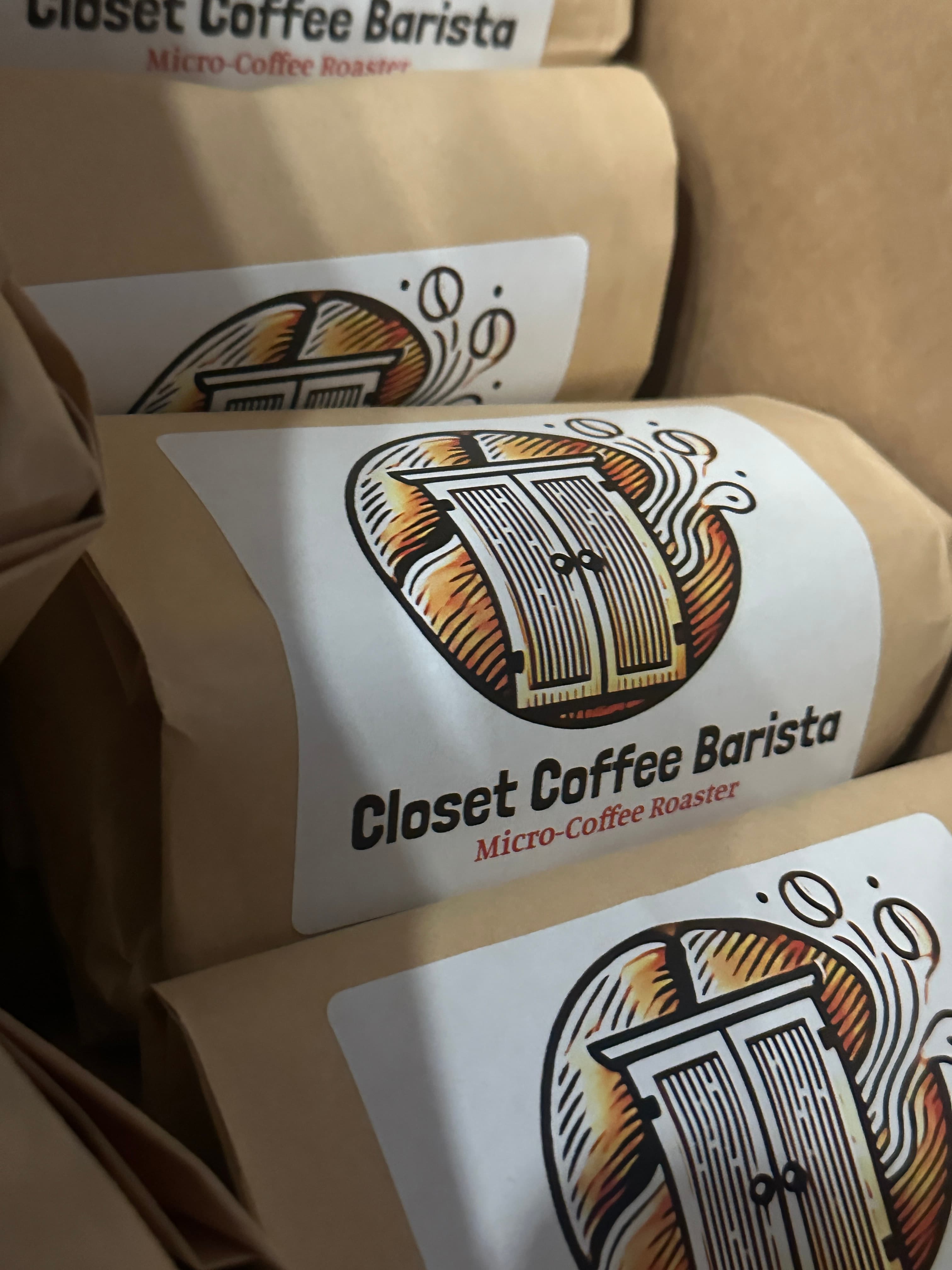 Closet Coffee Barista packaged coffee bags, representing custom roasts